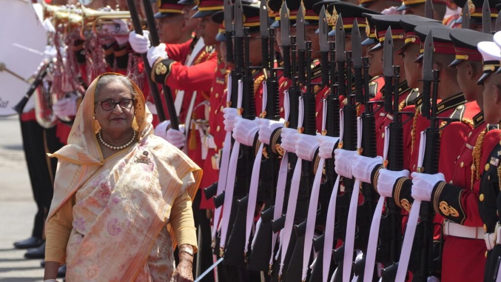 Bangladesh's Prime Minister Sheikh Hasina reviews an honor guard during a welcome ceremony at the government house, Bangkok, Thailand, April 26, 2024. (AP Photo)