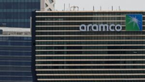 This picture shows the Aramco tower at the King Abdullah Financial District (KAFD), Riyadh, Saudi Arabia, April 16, 2023. (AFP Photo)