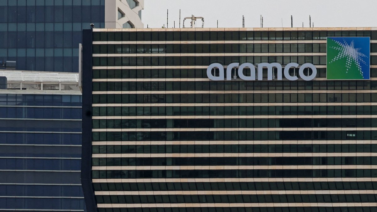 This picture shows the Aramco tower at the King Abdullah Financial District (KAFD), Riyadh, Saudi Arabia, April 16, 2023. (AFP Photo)