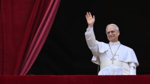 Pope Leo XIV waves as he leads the Regina Caeli prayer from the central loggia of St. Peter's Basilica in Vatican City, May 11, 2025. (EPA Photo)