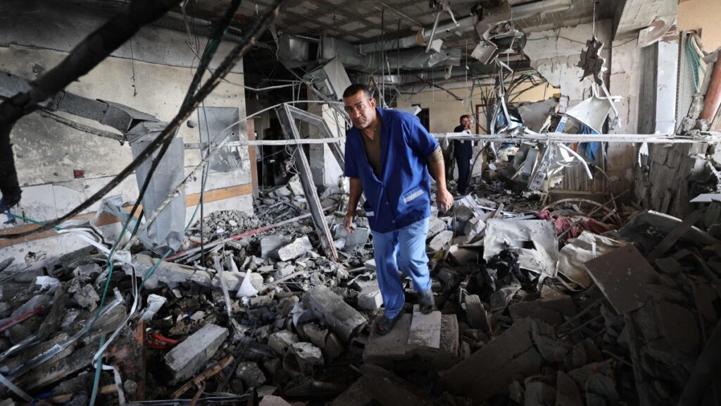 Palestinian hospital staff inspect the destruction inside Nasser hospital in Khan Younis, southern Gaza Strip, Palestine, May 13, 2025. (AFP Photo)