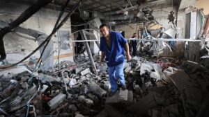 Palestinian hospital staff inspect the destruction inside Nasser hospital in Khan Younis, southern Gaza Strip, Palestine, May 13, 2025. (AFP Photo)