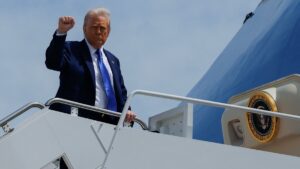 U.S. President Donald Trump gestures while he boards Air Force One at Joint Base Andrews, in Maryland, U.S., May 12, 2025. (Retuers Photo)