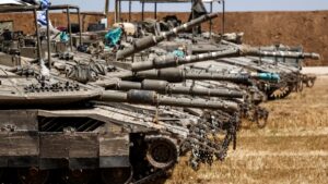 Israeli tanks stand near the border between Israel and the Gaza Strip, as seen from the Israeli side of the border, May 13, 2025. (Reuters Photo)