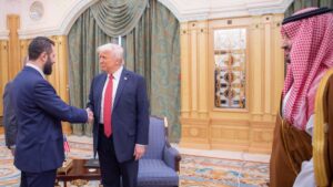 U.S. President Donald Trump and Syria's interim President Ahmad al-Sharaa shake hands in Riyadh, Saudi Arabia, May 14, 2024. (AA Photo)