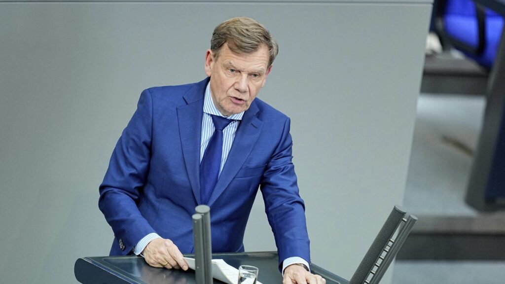 German Foreign Minister Johann Wadephul delivers a speech during a meeting of the German parliament, Bundestag, at the Reichstag building in Berlin, Germany, Wednesday, May 14, 2025. (AP Photo)