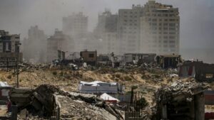 Smoke rises following an Israeli air strike near tents of Internally displaced Palestinians in the west of Gaza City, Gaza Strip, May 16, 2025. (EPA Photo)