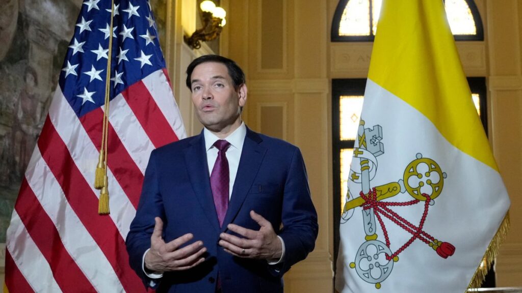 Marco Rubio speaks to the media during a meeting with the President of the Conference of Italian Bishops, Cardinal Matteo Zuppi at the U.S. Embassy to the Holy See, Rome, Italy, May 17, 2025. (AFP Photo)