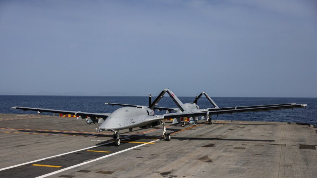 A Bayraktar TB3 drone produced by Baykar aboard a military vessel, somewhere in the Mediterranean Sea, May 11, 2025. (AA Photo)