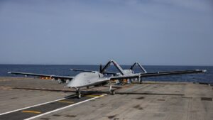 A Bayraktar TB3 drone produced by Baykar aboard a military vessel, somewhere in the Mediterranean Sea, May 11, 2025. (AA Photo)