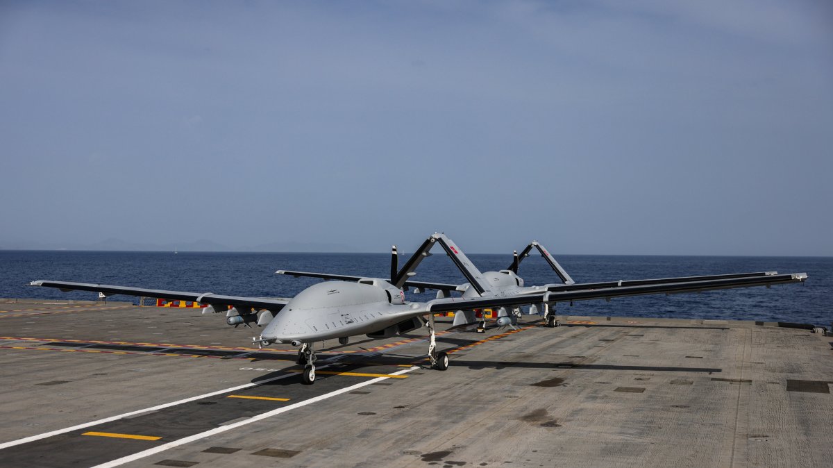 A Bayraktar TB3 drone produced by Baykar aboard a military vessel, somewhere in the Mediterranean Sea, May 11, 2025. (AA Photo)