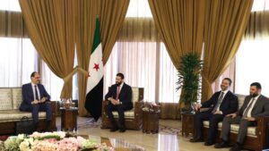National Intelligence Agency (MIT) head Ibrahim Kalın is seen with Syrian President Ahmed al-Sharaa, Syria’s Foreign Minister Asaad al-Shaibani, and intelligence chief Hussein al-Salama, May 20, 2025. (AA Photo)