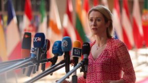 EU High Representative for Foreign Affairs and Security Policy, Kaja Kallas, speaks to the press during a European Foreign Affairs and Defense Ministers Council in Brussels, Belgium, May 20, 2025. (EPA Photo)