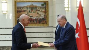 U.S. Ambassador Thomas Barrack presents his credentials to President Recep Tayyip Erdoğan, Ankara, Türkiye, May 14, 2025. (AA Photo)