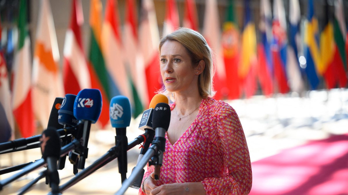 European Union for Foreign Affairs and Security Policy Kaja Kallas answers journalists' questions as she arrives for a Defense Council meeting at the EU headquarters in Brussels, May 20, 2024. (AFP Photo)