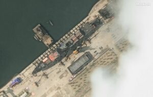A satellite image shows the new North Korean warship at the harbor before launch, in Chongjin, North Korea, May 18, 2025. (Reuters Photo)
