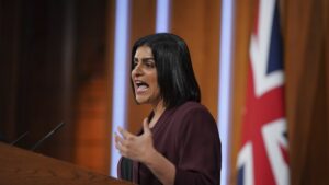 British Justice Secretary Shabana Mahmood speaks in the No. 9 Downing Street Media Briefing Room, in Westminster, London,  May 14, 2025. (Yui Mok/PA via AP)
