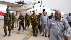 Sudanese Gen. Abdel Fattah al-Burhan arrives with his officials and guards at a military airport, Port Sudan, Sudan, Aug. 27, 2023. (Reuters Photo)