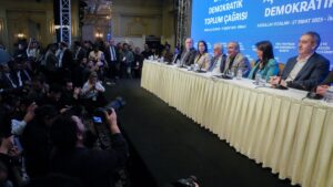 A DEM Party delegation announces the message from PKK terrorist group leader Abdullah Öcalan for dissolution of the group, Istanbul, Türkiye, Feb. 27, 2025. (AP Photo)