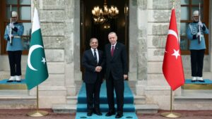 President Recep Tayyip Erdoğan shakes hands with Pakistani Prime Minister Shahbaz Sharif at the Dolmabahçe Palace, Istanbul, Türkiye, May 25, 2025. (IHA Photo)