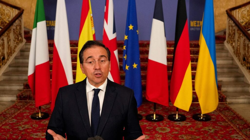 Spain's Minister of Foreign Affairs Jose Manuel Albares Bueno speaks to the media as he arrives to attend talks of the "Weimar " group focused on Ukraine and the future of European security at Lancaster House, London, U.K., May 12, 2025. (AFP Photo)
