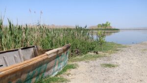 Receded shoreline and the exposed lakebed of Eber Lake, highlighting the severe drought conditions, Afyonkarahisar, Türkiye, May 26, 2025. (DHA Photo)
