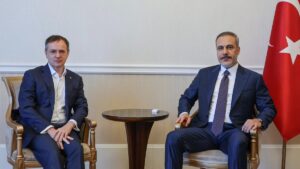 Foreign Minsiter Hakan Fidan meets with Vladimir Medinsky, aide to Russian President Vladimir Putin, during a visit to Moscow, Russia, May 26, 2025. (AA Photo)