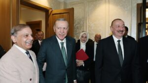President Recep Tayyip Erdoğan, Pakistan's Prime Minister Shahbaz Sharif (L) and Azerbaijan's President Ilham Aliyev (R) arrive for the summit in Lachin, Azerbaijan, May 28, 2025. (DHA Photo)