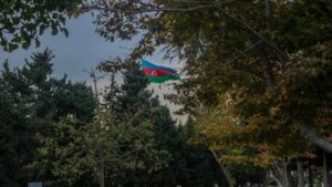 A giant Azerbaijan flag waves in the sky, Baku, Azerbaijan, Nov. 9, 2023. (Getty Images Photo)
