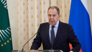 Russian Foreign Minister Sergei Lavrov speaks during a reception for diplomats from African countries to mark Africa Day in Moscow on May 26, 2025. (Photo by Alexander Zemlianichenko / POOL / AFP)