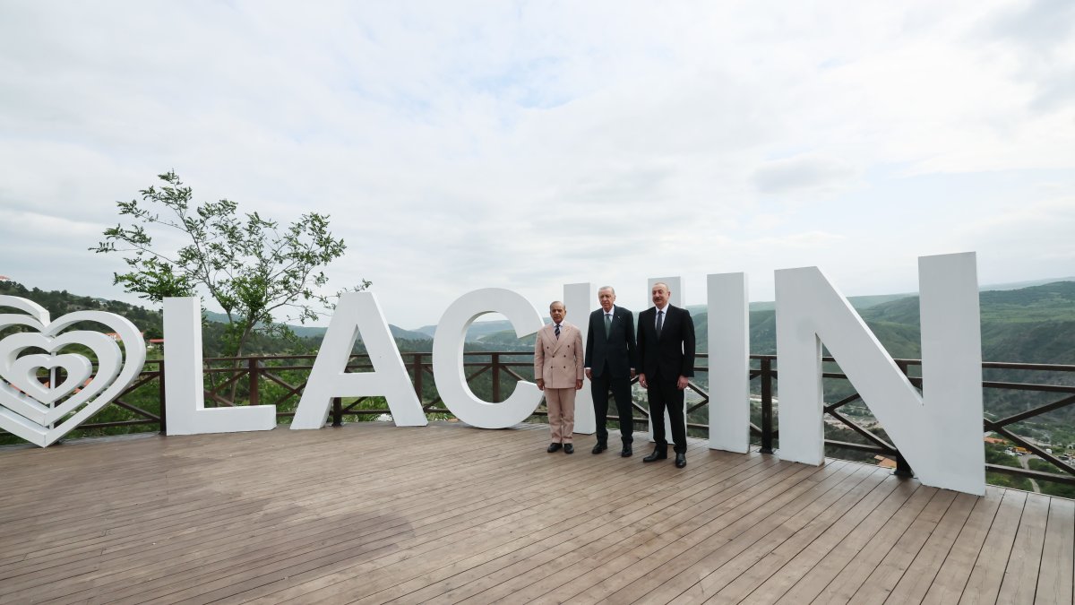 President Recep Tayyip Erdoğan, Azerbaijan's President Ilham Aliyev and Pakistan's Prime Minister Shahbaz Sherif in Lachin, Azerbaijan, May 28, 2025. (IHA Photo)