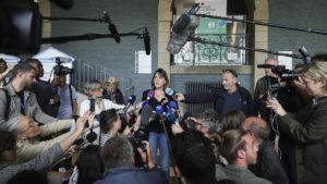 Manon Lemoine, a member of a collective of Joel Le Scouarnec victims, speaks with the press after the announcement of the verdict in Joel Le Scouarnec's trial in Vannes, France, May 28, 2025. (EPA Photo)