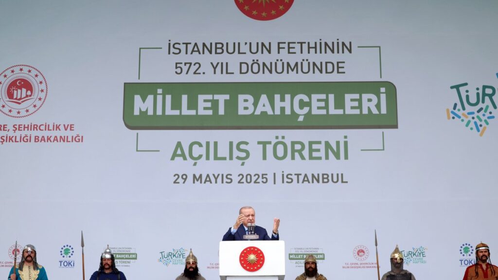 President Recep Tayyip Erdoğan speaks at the inauguration ceremony of Millet Bahçeleri (public parks) in Istanbul, May 29, 2025. (AA Photo)