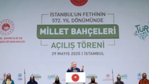 President Recep Tayyip Erdoğan speaks at the inauguration ceremony of Millet Bahçeleri (public parks) in Istanbul, May 29, 2025. (AA Photo)