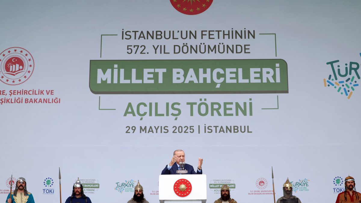 President Recep Tayyip Erdoğan speaks at the inauguration ceremony of Millet Bahçeleri (public parks) in Istanbul, May 29, 2025. (AA Photo)