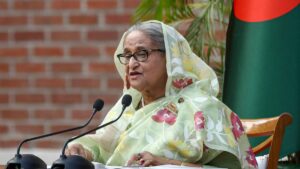Then-Prime Minister Sheikh Hasina speaks during a meeting in Dhaka, Bangladesh, Jan. 8, 2024. (Reuters Photo)