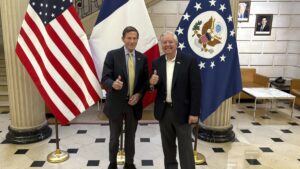 Sen. Richard Blumenthal, D-Conn., left, and Sen. Lindsey Graham, R-S.C thumb up during a news event at the US embassy to France, Paris, France, June 1, 2025. (AP Photo)