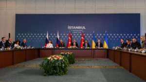 The Russian delegation, led by presidential adviser, Vladimir Medinsky, Chief of the Turkish General Staff, Metin Gürak, Turkish Foreign Minister Hakan Fidan, intelligence chief, Ibrahim Kalın, and the Ukrainian delegation led by Ukrainian Defence Minister Rustem Umerov, attend a meeting at Çırağan Palace on the day of the second round of peace talks between Russia and Ukraine, Istanbul, Türkiye, June 2, 2025. (Reuters Photo)