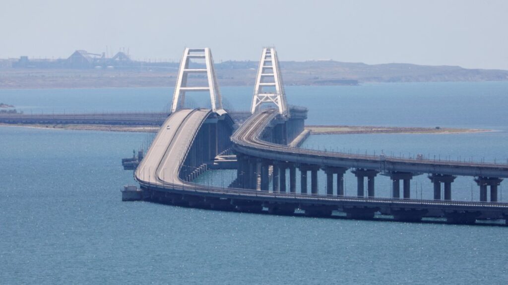 A view shows the Crimean Bridge, a section of which was damaged by an alleged overnight attack, as seen from the city of Kerch, Crimea, Ukraine, July 17, 2023. (Reuters Photo)
