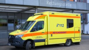 An ambulance is parked in front of a hospital emergency room in Brandenburg, Rüdersdorf, Germany, May 23, 2025. (Reuters File Photo).
