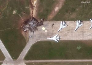 A satellite image shows a destroyed TU 22 aircraft in the aftermath of a drone strike at the Belaya air base, Irkutsk region, Russia, June 4, 2025. (Reuters Photo)
