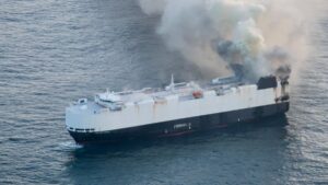 Smoke rises from a fire aboard the cargo vessel Morning Midas, carrying around 3,000 vehicles, including 800 electric vehicles, Adak, Alaska, U.S., June 3, 2025.