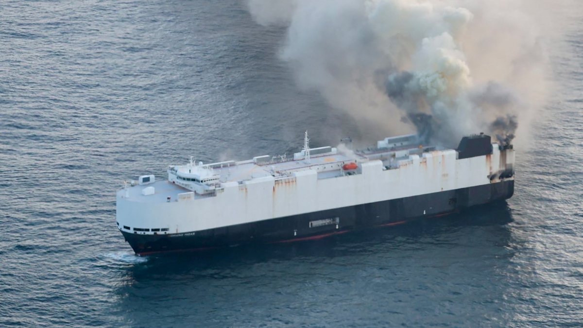 Smoke rises from a fire aboard the cargo vessel Morning Midas, carrying around 3,000 vehicles, including 800 electric vehicles, Adak, Alaska, U.S., June 3, 2025.
