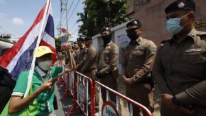 Thai police guard outside the Cambodian Embassy as the nationalist gather to protest over the Thai-Cambodian border dispute, in Bangkok, Thailand, June 6, 2025. (EPA Photo)