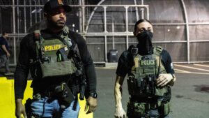 U.S. Immigration and Customs Enforcement (ICE) agents guard outside Delaney Hall, a migrant detention facility, in Newark, New Jersey, U.S., June 12, 2025. (AFP Photo)