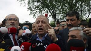 Ümit Özdağ speaks outside the Interior Ministry, Ankara, Türkiye, May 6, 2022. (AP Photo)