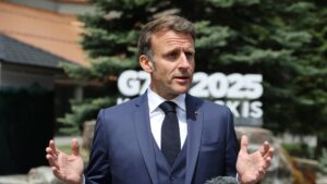 French President Emmanuel Macron speaks to the press during the Group of Seven (G7) Summit at the Pomeroy Kananaskis Mountain Lodge in Kananaskis, Alberta, Canada, June 17,  2025. (EPA Photo)