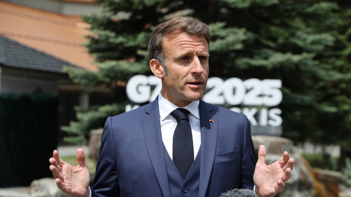 French President Emmanuel Macron speaks to the press during the Group of Seven (G7) Summit at the Pomeroy Kananaskis Mountain Lodge in Kananaskis, Alberta, Canada, June 17,  2025. (EPA Photo)