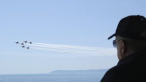 President Recep Tayyip Erdoğan watches jet fighters fly past during the final day of a military exercise on the Aegean coast, Izmir, Türkiye, June 9, 2022. (AP Photo)