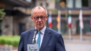 German Chancellor Friedrich Merz gives a statement at the end of the Group of Seven (G7) Summit at the Pomeroy Kananaskis Mountain Lodge in Kananaskis, Alberta, Canada, June 17, 2025. (AFP Photo)